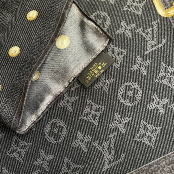 New Louis Vuitton Scarf Monogram Denim Blask Gray Square Silk Wrap - Picture 7 of 16